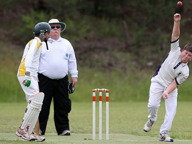 Ryan Slack bowling during the under 11 junior cricket grand final between Tahmoor (batting) v Campbelltown Westerners at Jackson Park Woodbine. Picture: Jonathan Ng