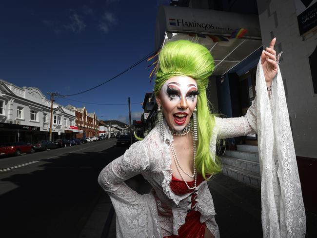 Hannah Vermeulen who performs as a drag queen under the name Trey L'Trash out the font of Flamingos Dance Bar on Liverpool Street which has recently been sold. Picture: Zak Simmonds