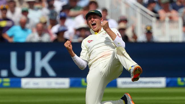 Australia's Marnus Labuschagne celebrates after taking a sharp catch to remove Harry Brook. Picture: AFP