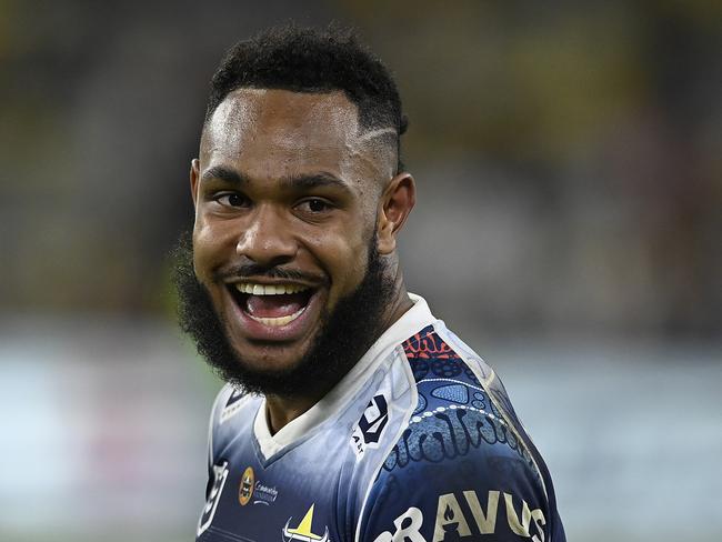 TOWNSVILLE, AUSTRALIA - JUNE 10:  Hamiso Tabuai-Fidow of the Cowboys celebrates after winning  the round 14 NRL match between the North Queensland Cowboys and the St George Illawarra Dragons at Qld Country Bank Stadium, on June 10, 2022, in Townsville, Australia. (Photo by Ian Hitchcock/Getty Images)