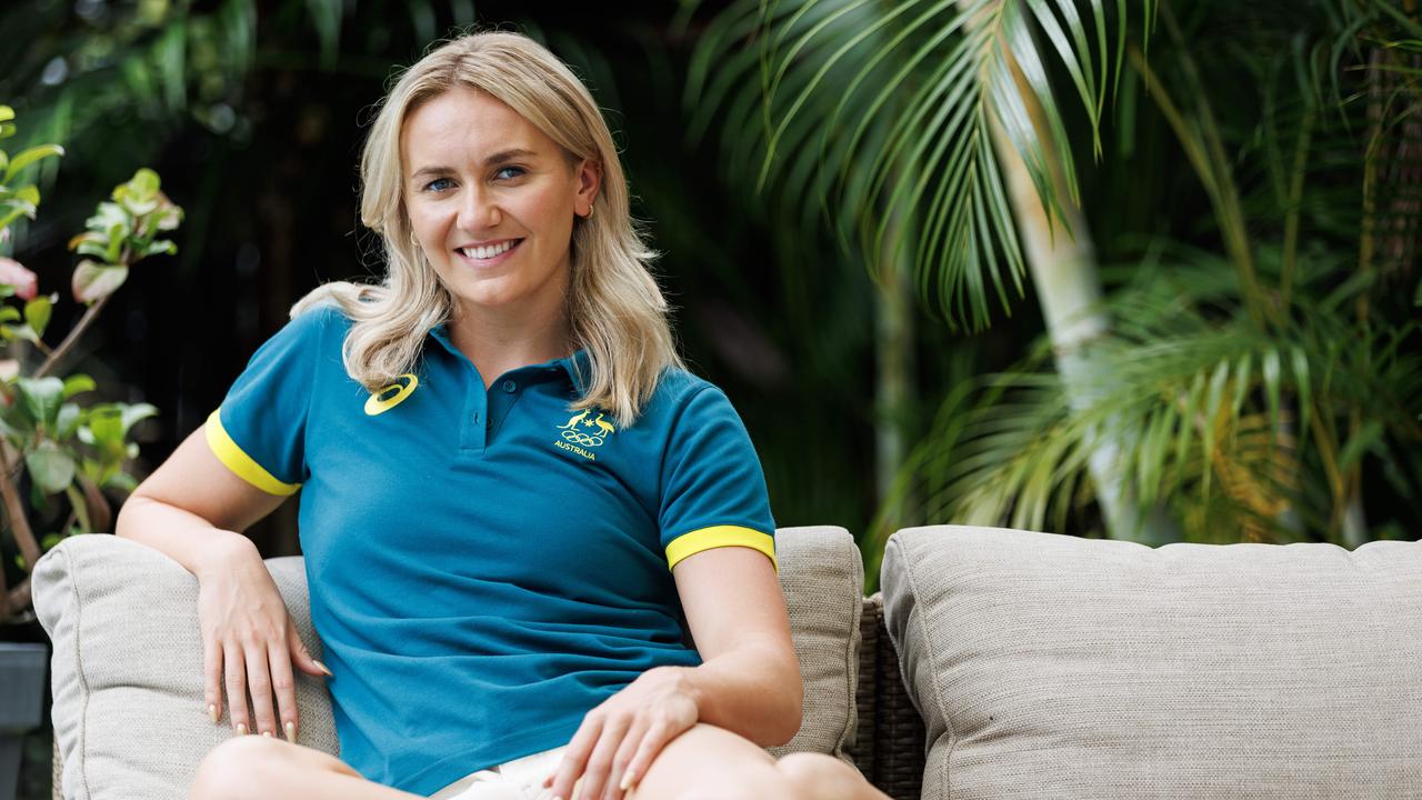 Olympic swim champion Ariarne Titmus at home in Brisbane before the upcoming Paris Olympics. Picture: Lachie Millard.