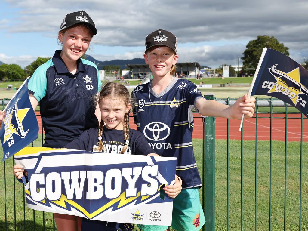 Young Cowboys fans Lacey Wyatt, 13, Kaydee Wyatt, 7, and Jack Wyatt, 11, made the trip all the way from Herberton to Cairns to cheer on their team. Picture: Brendan Radke