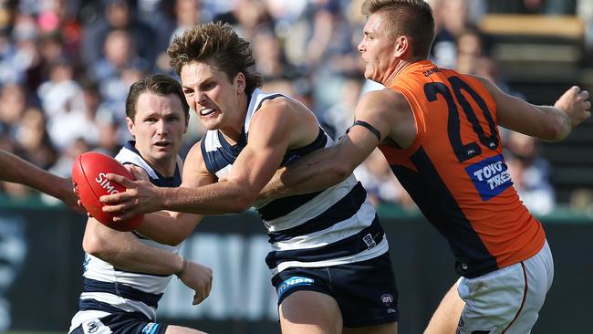 Tom Atkins wins a hard ball against GWS. Picture: Michael Klein