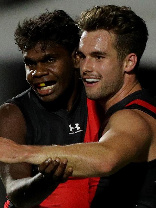 Irving Mosquito celebrates a goal with teammate Will Snelling during pre-season.