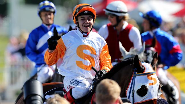 Apprentice Luke Tarrant celebrates his win on Le Chef in the Magic Millions 2YO Classic at the Gold Coast in 2015. Picture Mike Batterham