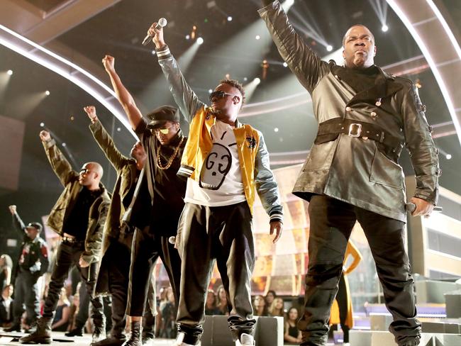 The hip-hop artists brought down the house at the awards show with their dramatic political statement. Picture: Christopher Polk/Getty Images for NARAS