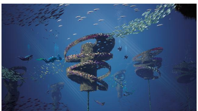 Concept for Gold Coast dive attraction. The concept design comprises nine buoyant ‘sculptural reef flutes’ individually tethered to the sea floor by reinforced concrete and steel pyramids. Picture: Gold Coast City Council.