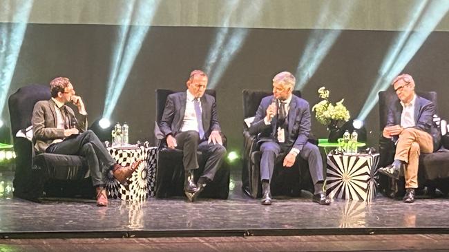 Former PM Tony Abbott (second from left) with former Ambassador of Ukraine to the UK Vadym Prystaiko, former UK MP Robert Seely and retired British Army Colonel Richard Kemp discuss security guarantees for Ukraine during a Black Sea Security forum panel. Picture: Natalie Vikhrov
