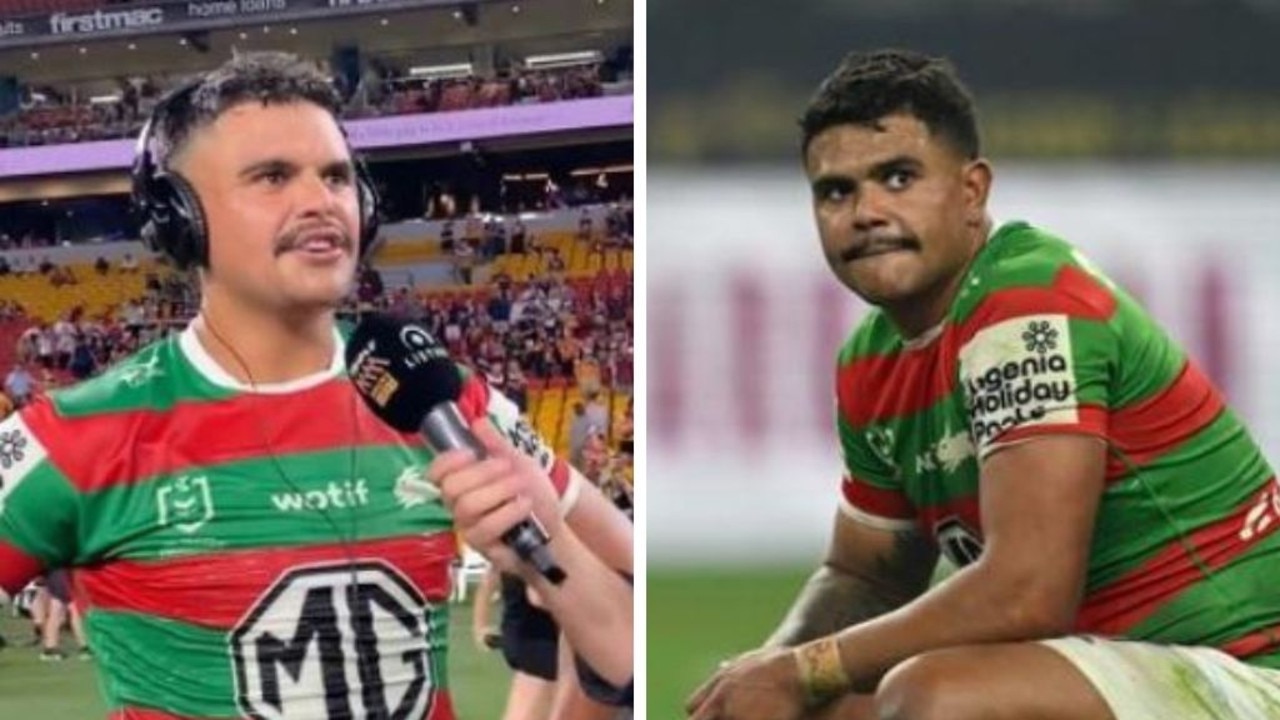 Latrell Mitchell during the Triple M interview and after the loss to Brisbane. Photos: Twitter/NRL photos