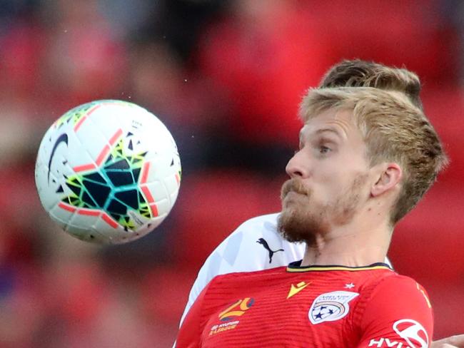 Ben Halloran of United during the Round 17 A-League match between Adelaide United and Melbourne City FC at Coopers Stadium in Adelaide, Saturday, February 1, 2020. (AAP Image/Kelly Barnes) NO ARCHIVING, EDITORIAL USE ONLY