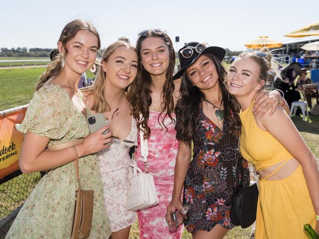 At Warwick Cup race day are (from left) Brianna Mullaly, Laura Ryan, Chelsea Longney, Amaea Petera and Bridie McLennan at Allman Park Racecourse, Saturday, October 14, 2023. Picture: Kevin Farmer