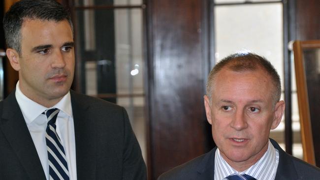 Newly-elected South Australian Labor MP Peter Malinauskas (left) and Premier Jay Weatherill during a press conference in Parliament House in December 2015. Picture: AAP Image/Michael Ramsey.