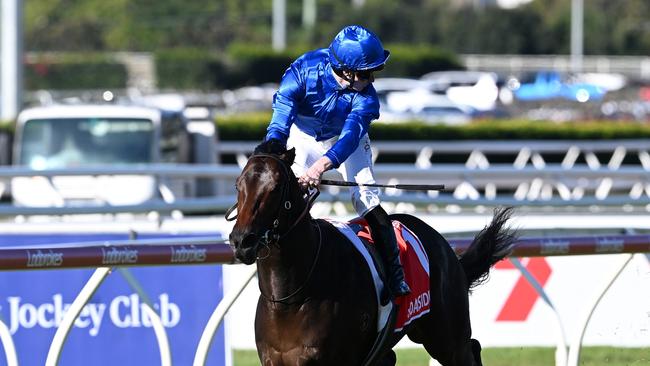 James McDonald admires his work aboard Broadsiding in the Group 1 JJ Atkins for trainer James Cummings. Picture: Grant Peters - Trackside Photography