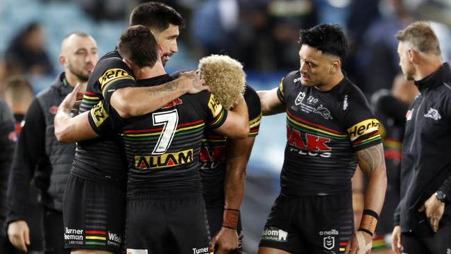James Tamou, Nathan Cleary, Viliame Kikau and Zane Tetevano console one another after their grand final defeat to Melbourne in October. Picture: Jonathan Ng