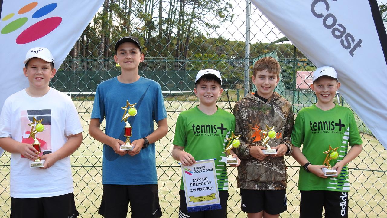 Tennis Gold Coast winners (from left to right): Jacob Priestly, Blake Foreshew, Jason Edlinger, Luke Neophytou, Ari Hunt. Pic: Supplied.