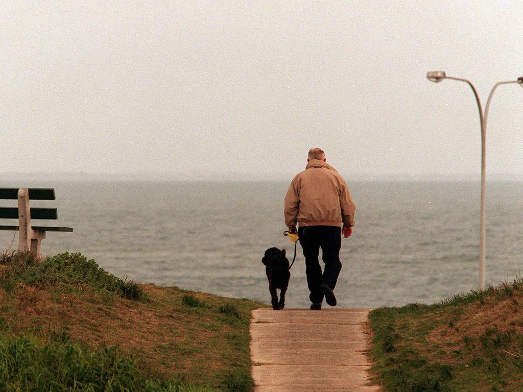 Alan Bond after the death of his eldest daughter Susanne, takes his dog for a walk in Cottesloe, WA, in 2000. Picture: News Corp