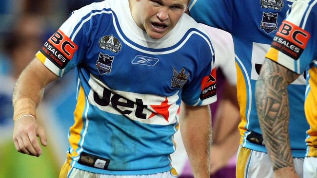 Round 13 NRL Gold Coast Titans vs Melbourne Storm at Skilled Park in Robina : Ben Jeffery scores a great solo try.