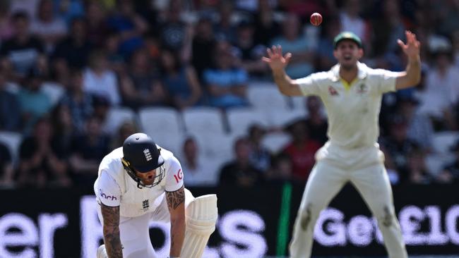 England's captain Ben Stokes is floored after being hit in the groin. Picture: AFP