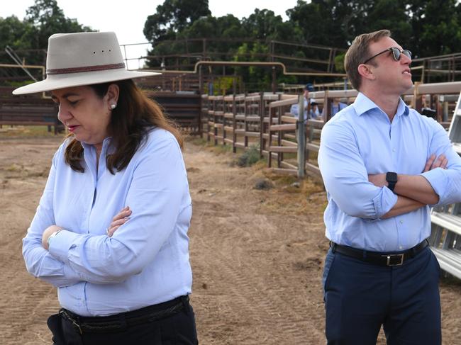 Premier Annastacia Palaszczuk and her heir apparent Steven Miles in Longreach this week. Picture: Darren England/AAP