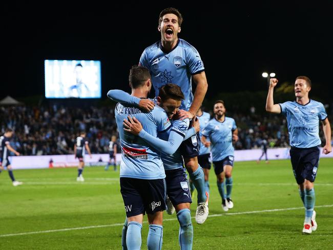 Sydney FC's Adam Le Fondre celebrates a penalty goal during the Semi Final A-League match between Sydney FC and Melbourne Victory at Jubilee Oval, Sydney. Picture: Brett Costello