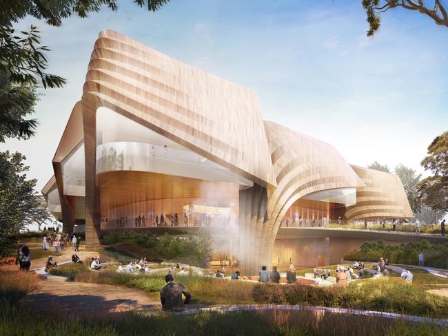 EMBARGOED 8PM 5 AUG 2021 .  Exclusive images of the final plans for the Aboriginal Arts and Cultures Centre at Lot Fourteen. ,  View from the north showcasing the cantilevered outdoor gallery and the feature columns that appear.  Picture: Diller Scofidio + Renfro and Woods Bagot