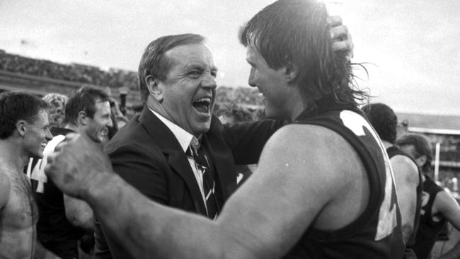 Ted Whitten celebrates with Tony Lockett after Victoria’s big win against South Australia in 1989.