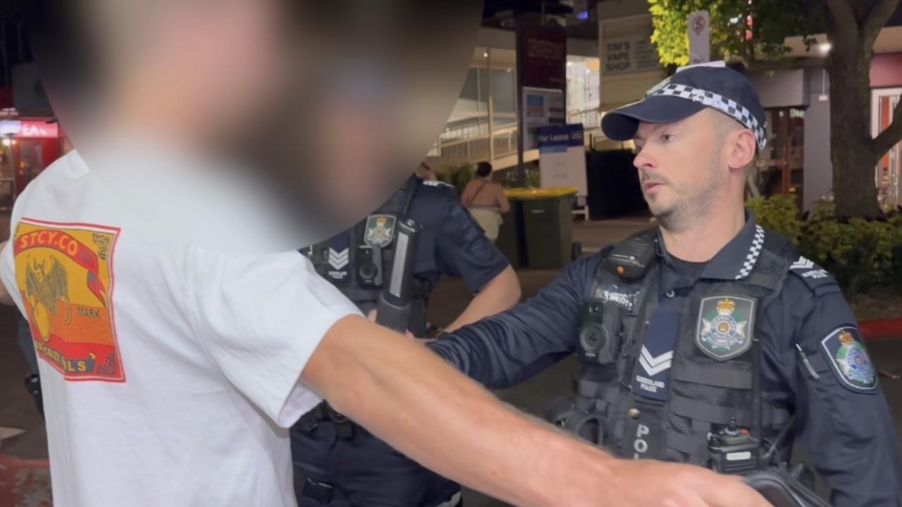 Sunshine Coast police search people for knives in the Ocean St party precinct in Maroochydore on April 14. Picture: Letea Cavander