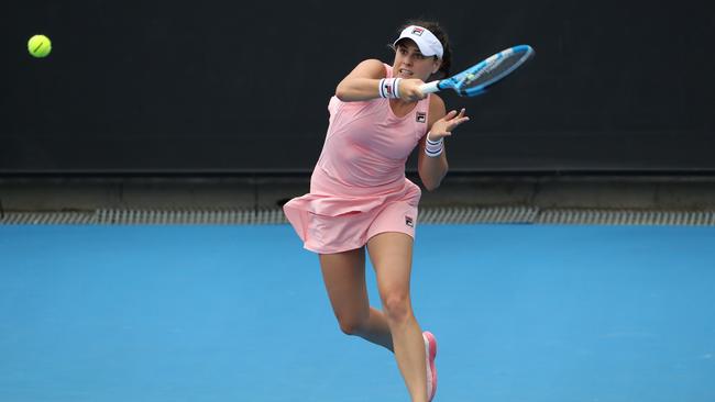 Kimberly Birrell of Australia in action against Donna Vekic of Croatia during day three of the Australian Open tennis tournament in Melbourne, Wednesday, January 16, 2019. (AAP Image/David Crosling) 