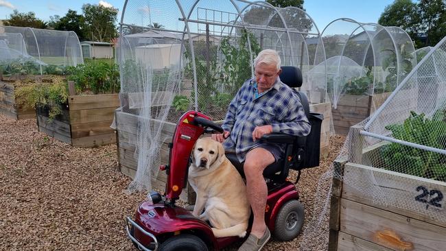 Palm Lakes Resort resident Reg Broudfoot likes to drive his scooter to his garden, which has been built on the rail trail corridor.