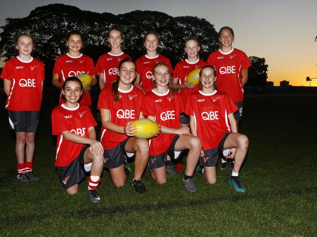 Back Row L to R: Samantha Carey, Zali Deep, Larissa Arnautovic, Ava Langenbach , Tara Thorn and Poppy Gibson. Front Row L to R: Madison Gosbell, Sarah Pignatelli, Briena Connon and Imogen Brown. Many Local girls are members of the Sydney Swans Academy. Picture: John Appleyard