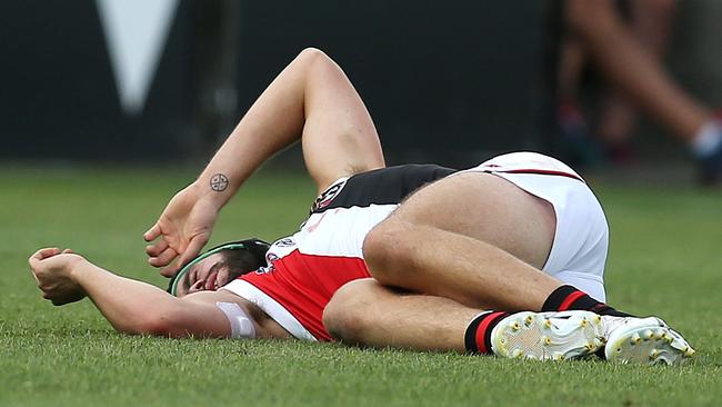 Paddy McCartin after his knock to the head. Picture: Michael Klein