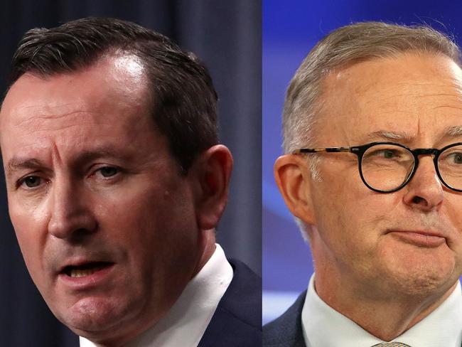 Split image - Left to Right- Premier Mark McGowan holds a presser at Dumas House media room. Pic Colin Murty the Australian and CANBERRA, AUSTRALIA NewsWire Photos JANUARY 25, 2022: The Leader of the Australian Labor Party, Anthony Albanese at the National Press Club in Canberra. Picture: NCA NewsWire / Gary Ramage