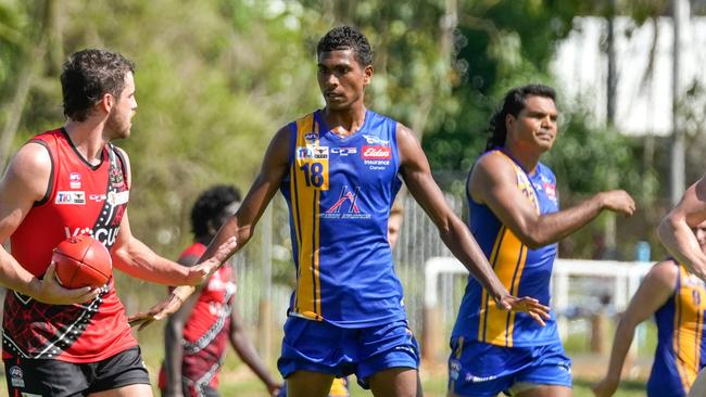 Leroy Dhurrkay of Wanderers was named the Round 18 Rising Star nominee of the 2023-24 NTFL season. Picture: Tymunna Clements / AFLNT Media