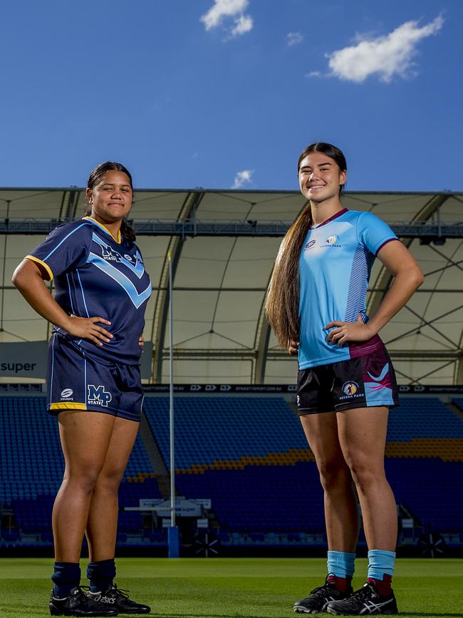 Titans Cup rugby league, Jaydah Tofae, 15 (Mabel Park SHS), and Sunny Gerrard, 17 (Keebra Park SHS) at Cbus Super Stadium, Robina. Picture: Jerad Williams