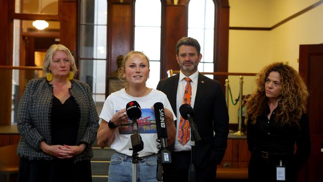 Grace Tame along side South Australian Attorney-General Kyam Maher (centre right) Greens MLC Tammy Franks (left) and SA-BEST MLC Connie Bonaros (right). Picture: NCA NewsWire/ Kelly Barnes