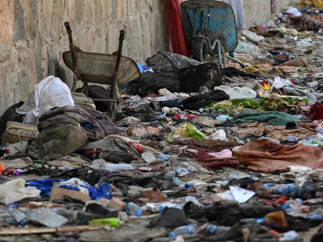 Backpacks and belongings of Afghan people who were waiting to be evacuated at the site of the August 26 twin suicide bombs. Picture: AFP