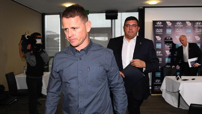 Brendon Bolton and Carlton President Mark LoGiudice after the press conference announcing Bolton’s axing at Princes Park on Monday. Picture: Quinn Rooney/Getty Images