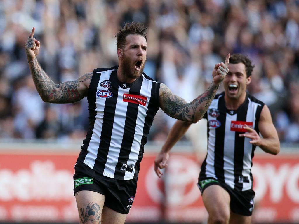 2014 - Dane Swan celebrates a third-quarter goal. Collingwood won by 23 points and he was best on ground for the second time in three years.