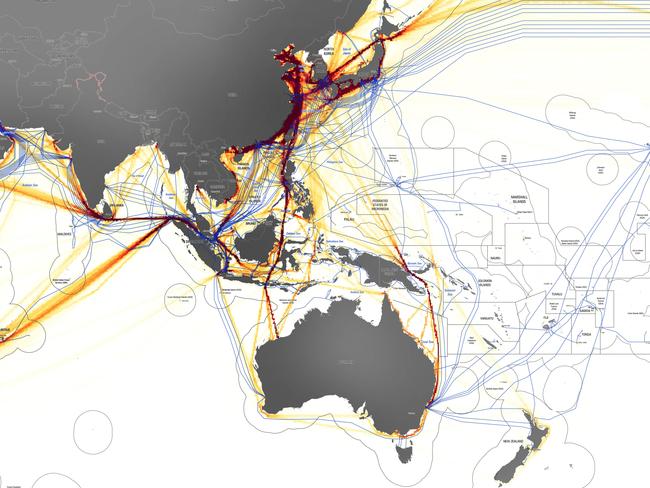 A map of the Indo-Pacific region showing shipping density and undersea cables between Australia and the region, as well as various maritime claims. Image: Supplied by Department of Defence