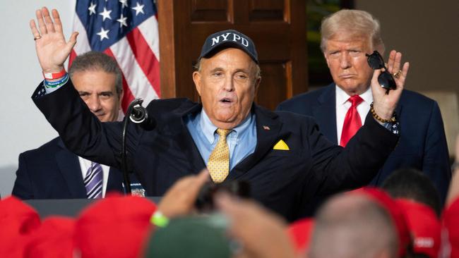 Rudy Giuliani does the wind up for Doandl Trump in 2020. Picture: AFP