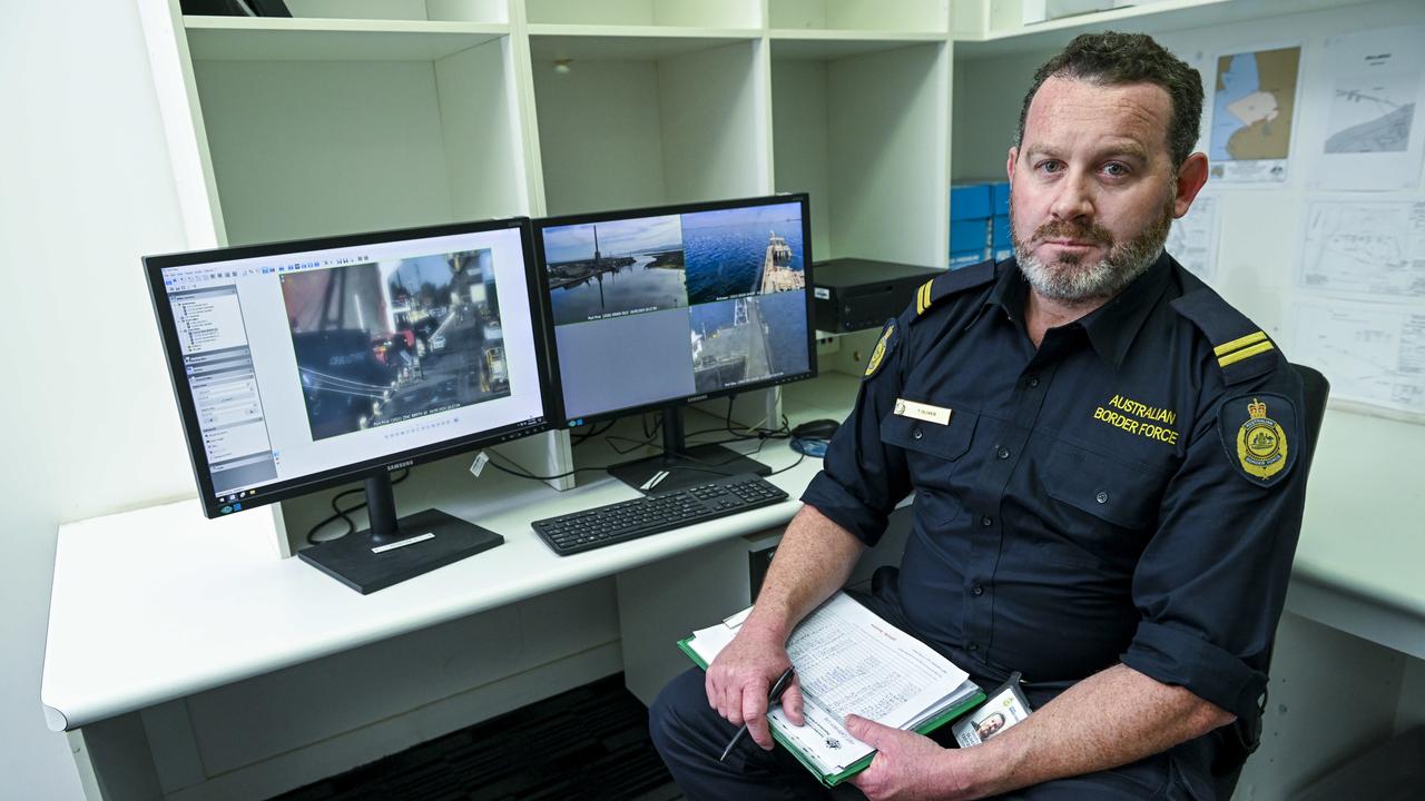 Australian Border Force Senior Border Force Officer Tim in his office and surveillance cameras of the harbour at Port Pirie Thursday. Picture Mark Brake