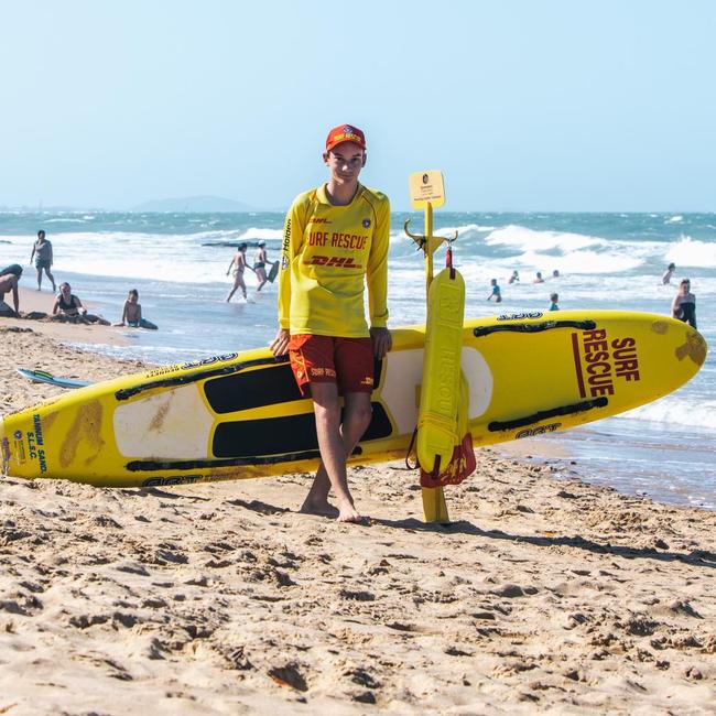 Sid Crawshaw, 14, crew member of the Tannum Sands SLSC on the beach shortly after his dramatic first rescue on New Year’s Day 2023. Picture: Hayley Bracewell Photography