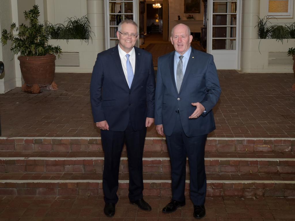 Will they meet up this weekend? Prime Minister Scott Morrison (left) must visit Governor-general Peter Cosgrove (right) to call an election. Picture: Martin Ollman.