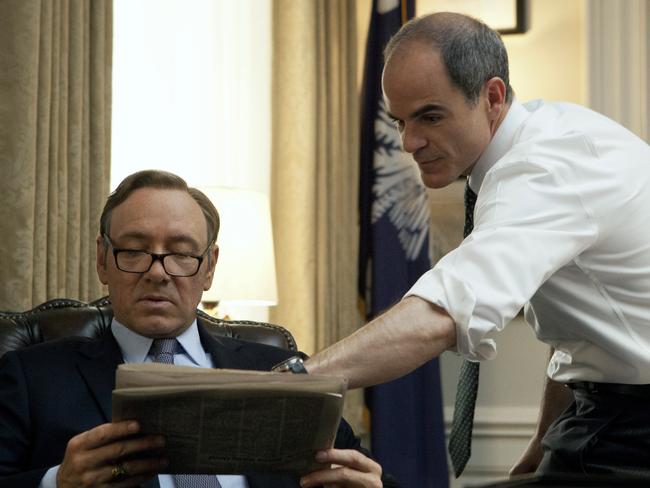 In this image released by Netflix, Kevin Spacey, left, and Michael Kelly appear in a scene from "House of Cards." The third season of the political drama will be available on Netflix on Friday Feb. 27, 2015. (AP Photo/Netflix)