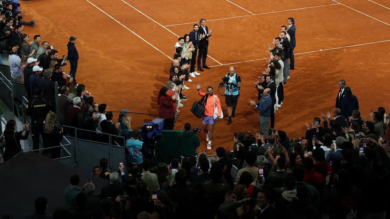 Rafael Nadal of Spain leaves the court for the last time on Spanish clay after his loss to Jiri Lehecka.