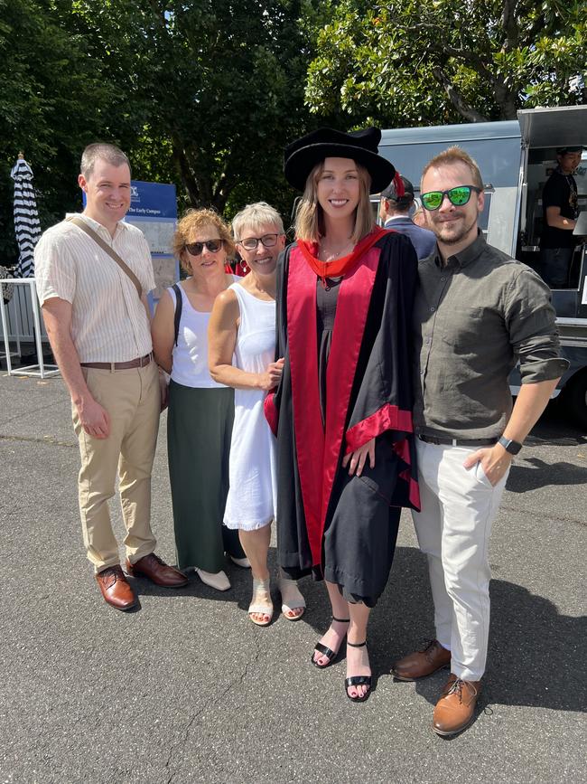 Adam Furey, Anna Pykoulas, Jeanine Furey, Dr Rachel Furey (Doctor of Philosophy/Neuropsychology) and Addison White at the University of Melbourne graduations held at the Royal Exhibition Building on Tuesday, December 17, 2024. Picture: Jack Colantuono