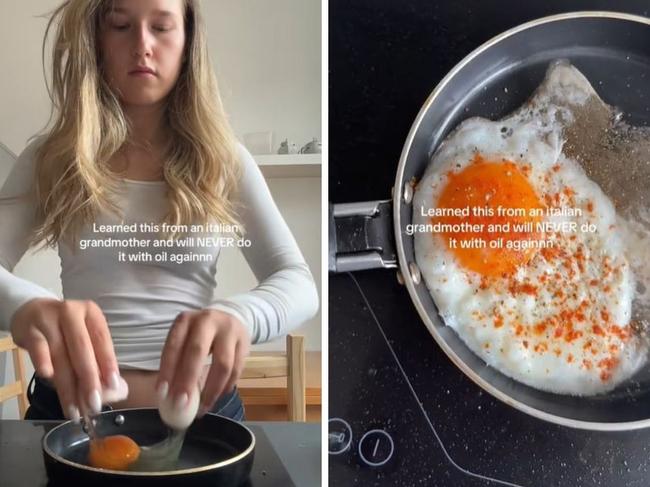 Woman bizarre method for frying an egg outrages. Picture: TikTok/jana.dvll
