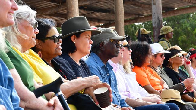 Lingiari MP Marion Scrymgour, NT Chief Minister Natasha Fyles, and Yothu Yindi chair Djawa Yunupingu at day one of Garma on Friday, August 8, 2023. Picture: Zizi Averill