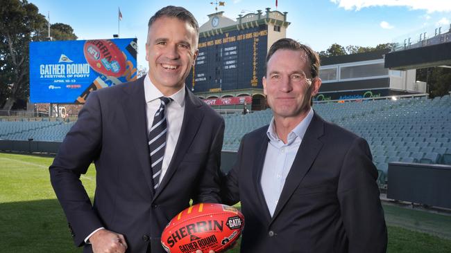 Premier Peter Malinauskas &amp; AFL Chief Executive Andrew Dillon announce dates for 2025 AFL Gather Round. 2 July 2024. Picture: Dean Martin