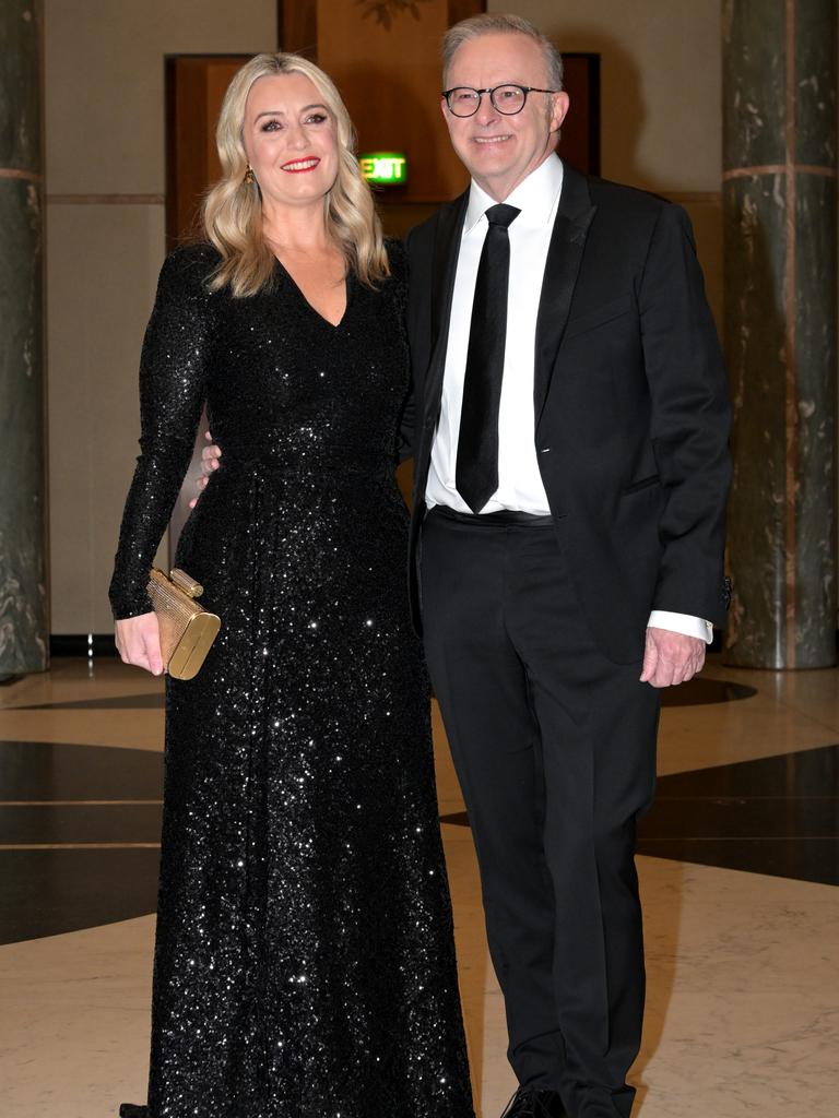 Prime Minister Anthony Albanese and partner Jodie Haydon arrive at the Midwinter Ball. Picture: Tracey Nearmy/Getty Images